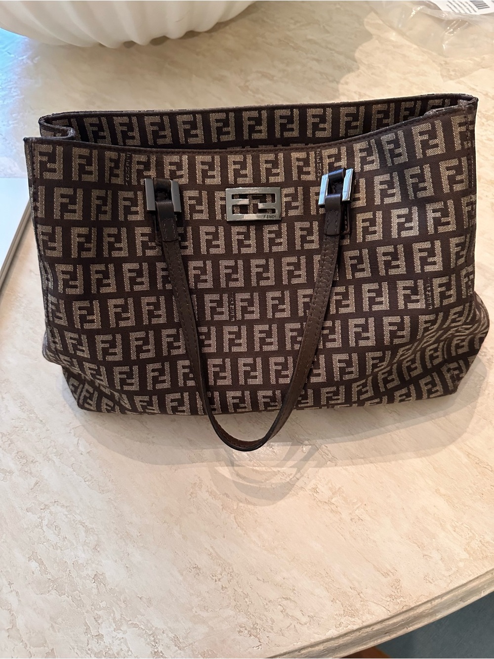 Authentic Vintage Fendi Zucchino FF Tote w/double leather handles. EUC. COA.